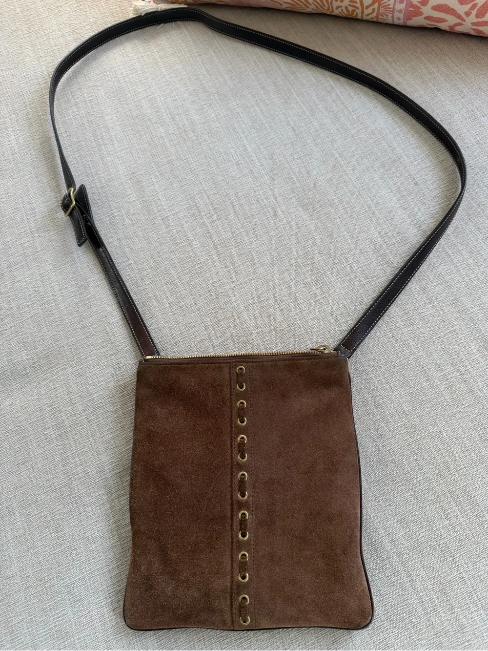 Vintage Y2K Brown Suede Coach Stitch Crossbody Bag.